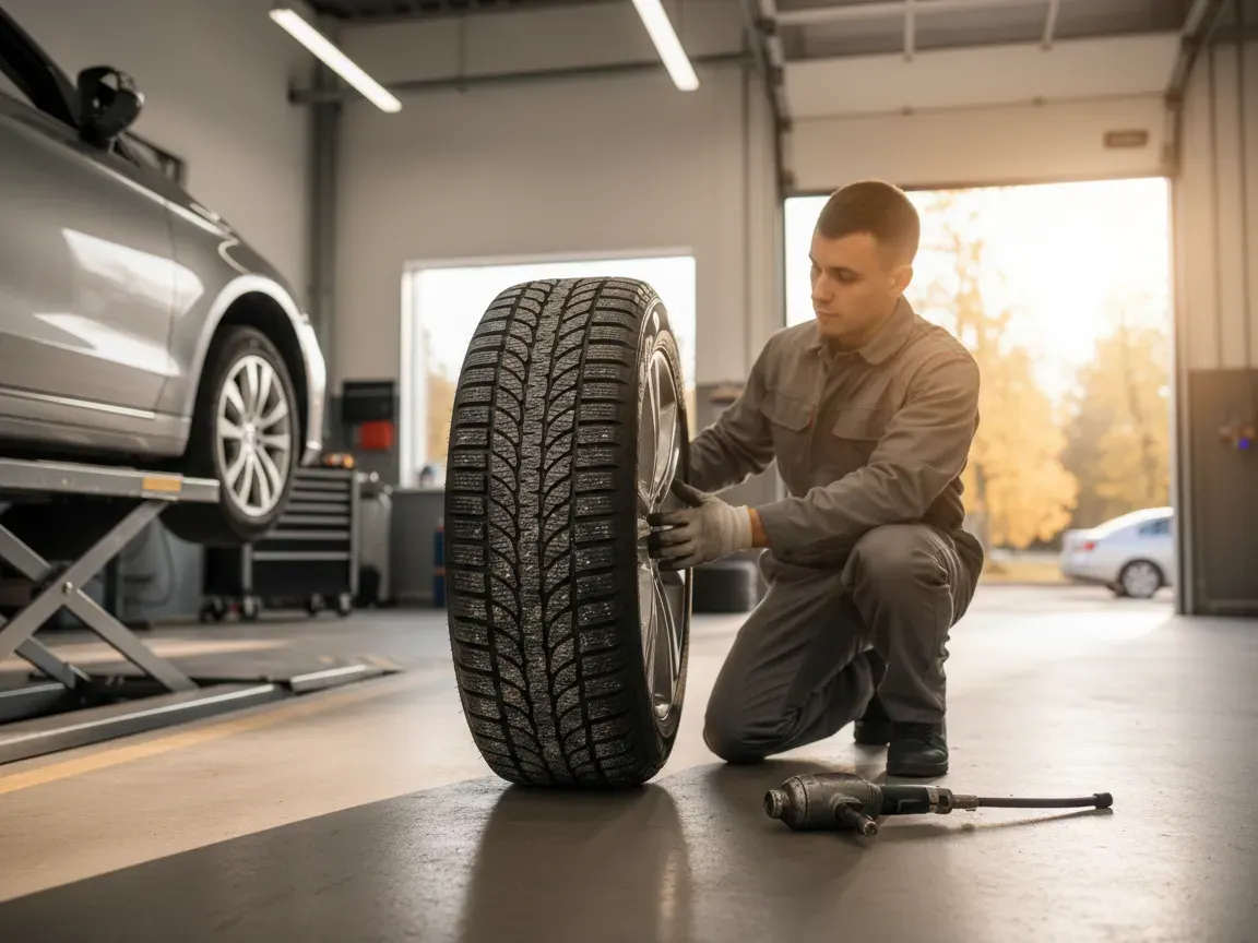 Zbliżenie na nową oponę zimową montowaną na kole przez mechanika w nowoczesnym warsztacie w jesiennym świetle poranka.